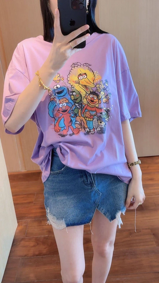 【张静芝】夏季新品~涂鸦卡通彩绘减龄洋气显白紫色短袖T恤