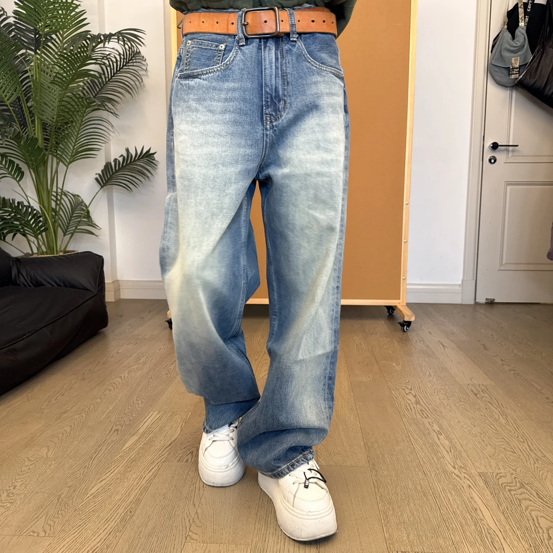 男女款欧美街拍宽松水洗vintage做旧磨白阔腿直筒牛仔裤7066