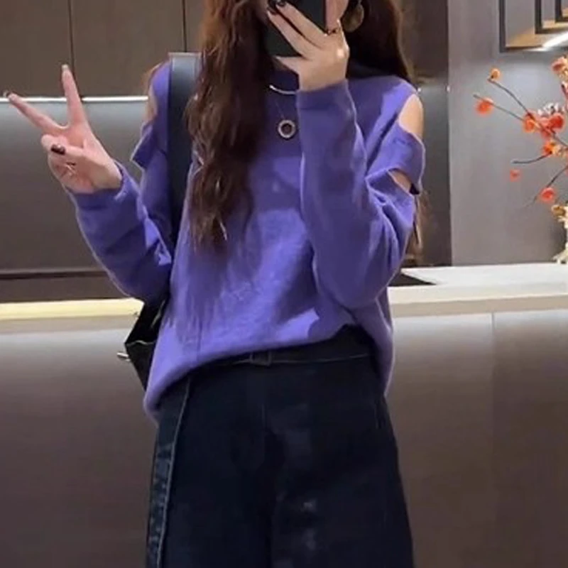 宽松显瘦高级感上衣秋季新款胖MM大码女装多巴胺紫色露肩针织衫女