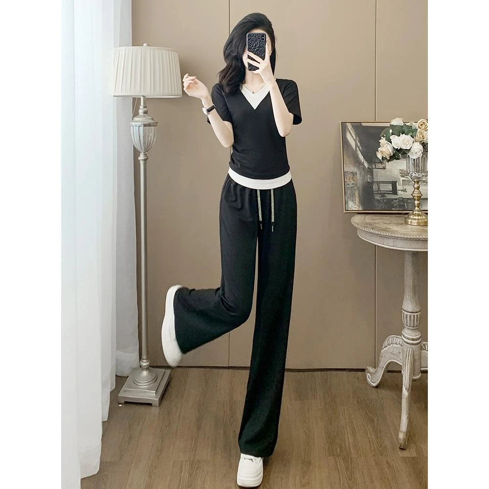 韩版休闲运动套装女夏季减龄显瘦百搭假两件V领短袖阔腿裤两件套