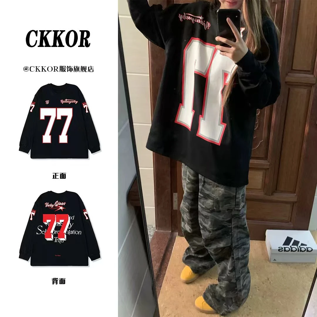CKKOR早秋季重磅纯棉慵懒风圆领宽松纯棉螺口长袖t恤女休闲上衣服