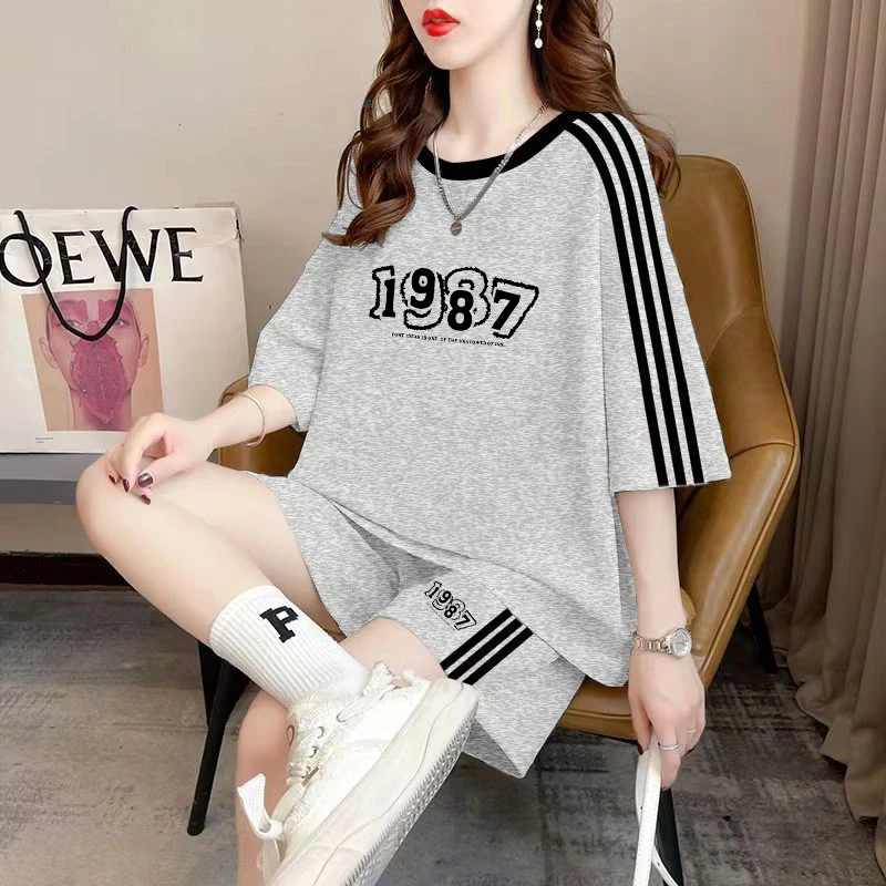 高街大码女装运动套装女新款跑步短袖短裤休闲宽松遮肉夏季两件套