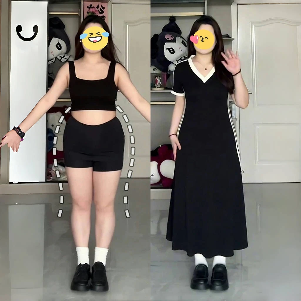 黑色v领连衣裙女2025新款夏季收腰大码胖mm梨型身材显瘦长款裙子