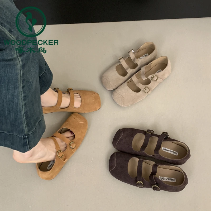 啄木鸟复古拼接方头丑萌玛丽珍鞋女2025秋款百搭勃肯鞋浅口单鞋