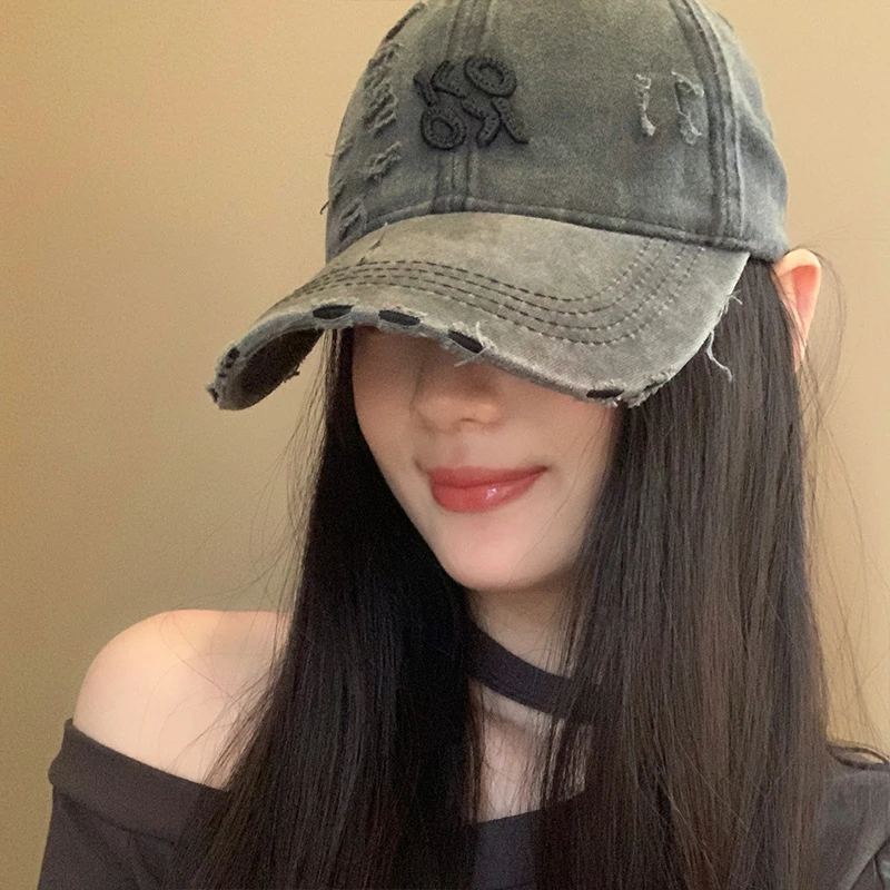 美式复古破洞棒球帽女春夏新款水洗做旧百搭鸭舌帽显脸小帽子潮