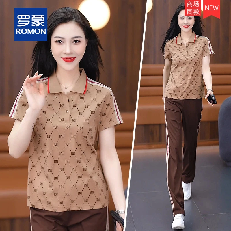 高档翻领运动装洋气女夏季2025新款宽松显瘦印花短袖休闲服两件套