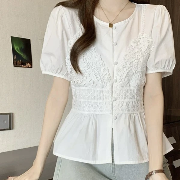 胖胖家*5691新款假两件百搭显瘦收腰设计感减龄半袖开衫