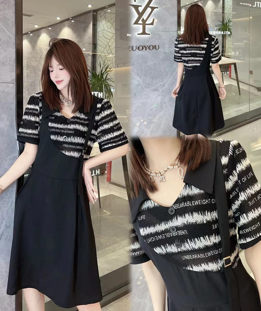夏季气质显瘦连衣裙条纹拼接辣妈设计感假两件时尚洋气大码中长款