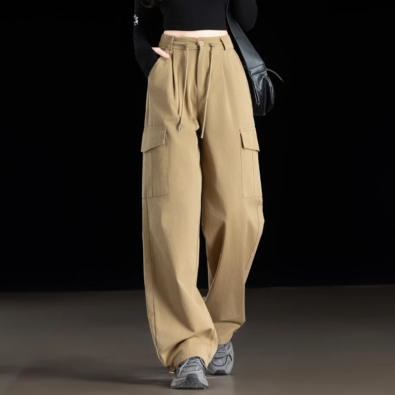卡其色美式工装裤女款爆款2025新款高腰遮肉休闲裤秋季直筒阔腿裤