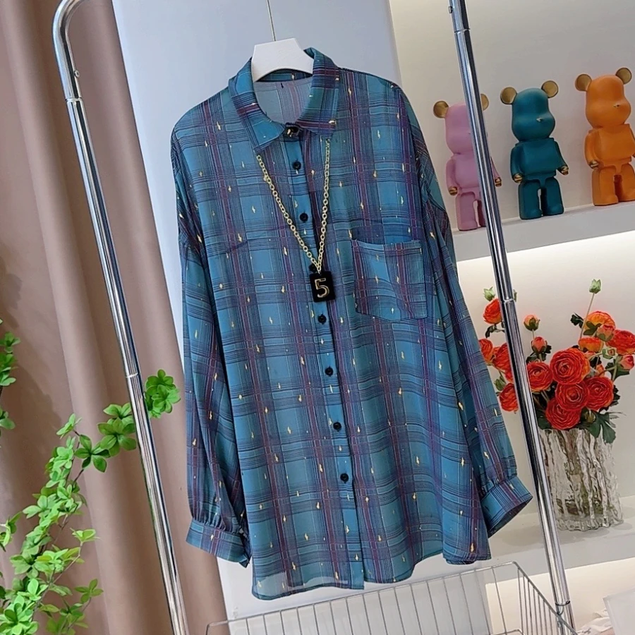 1822鎏金格子开衫#春季长袖宽松防晒空调衫休闲中长格纹衬衫上衣