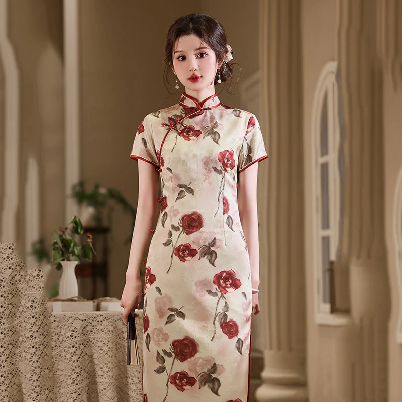 《25新款》玫瑰国风年轻款淑女范旗袍中式2025夏季新款日常短袖女装