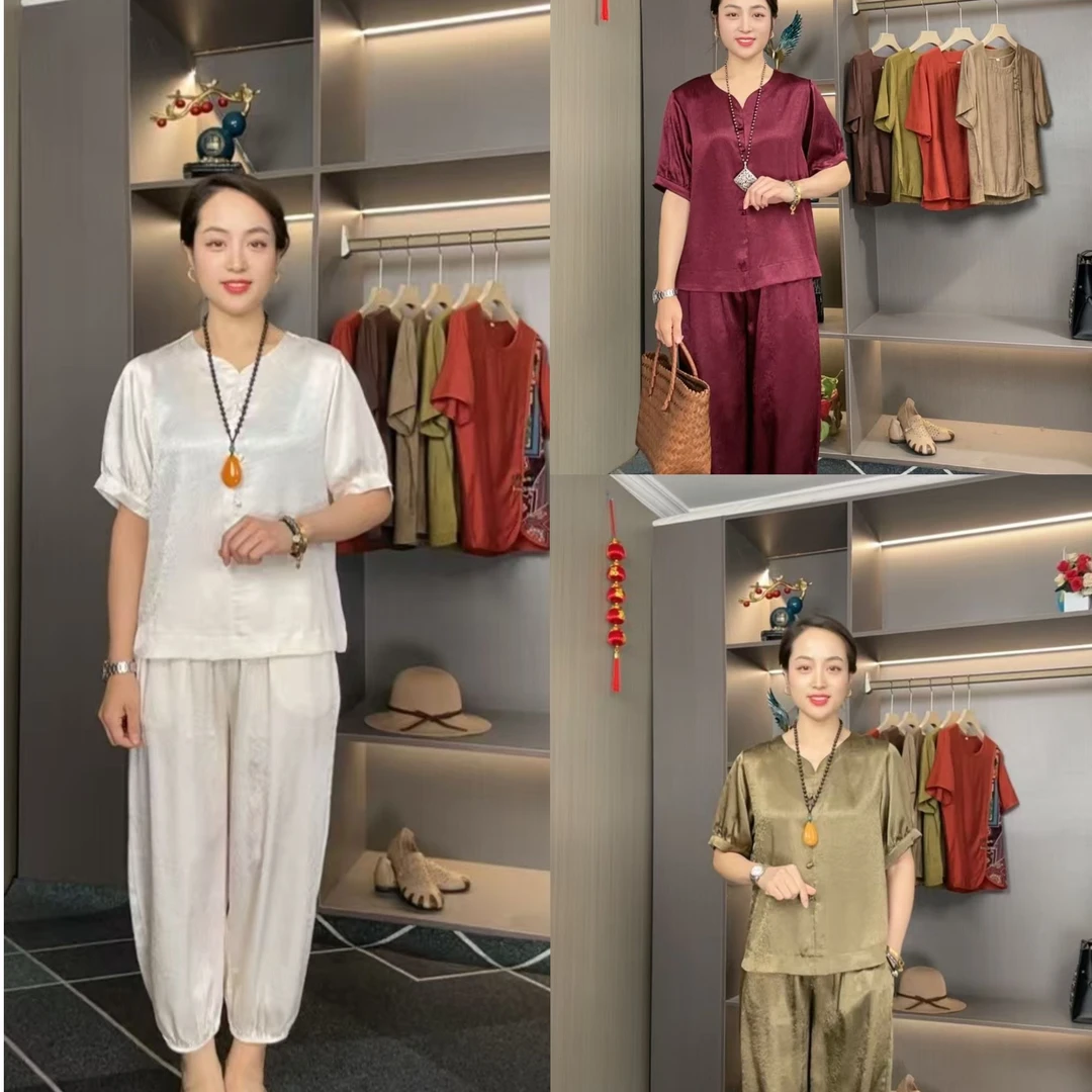 2025休闲时尚百搭妈妈套装夏款设计感洋气减龄V领短袖中式两件套