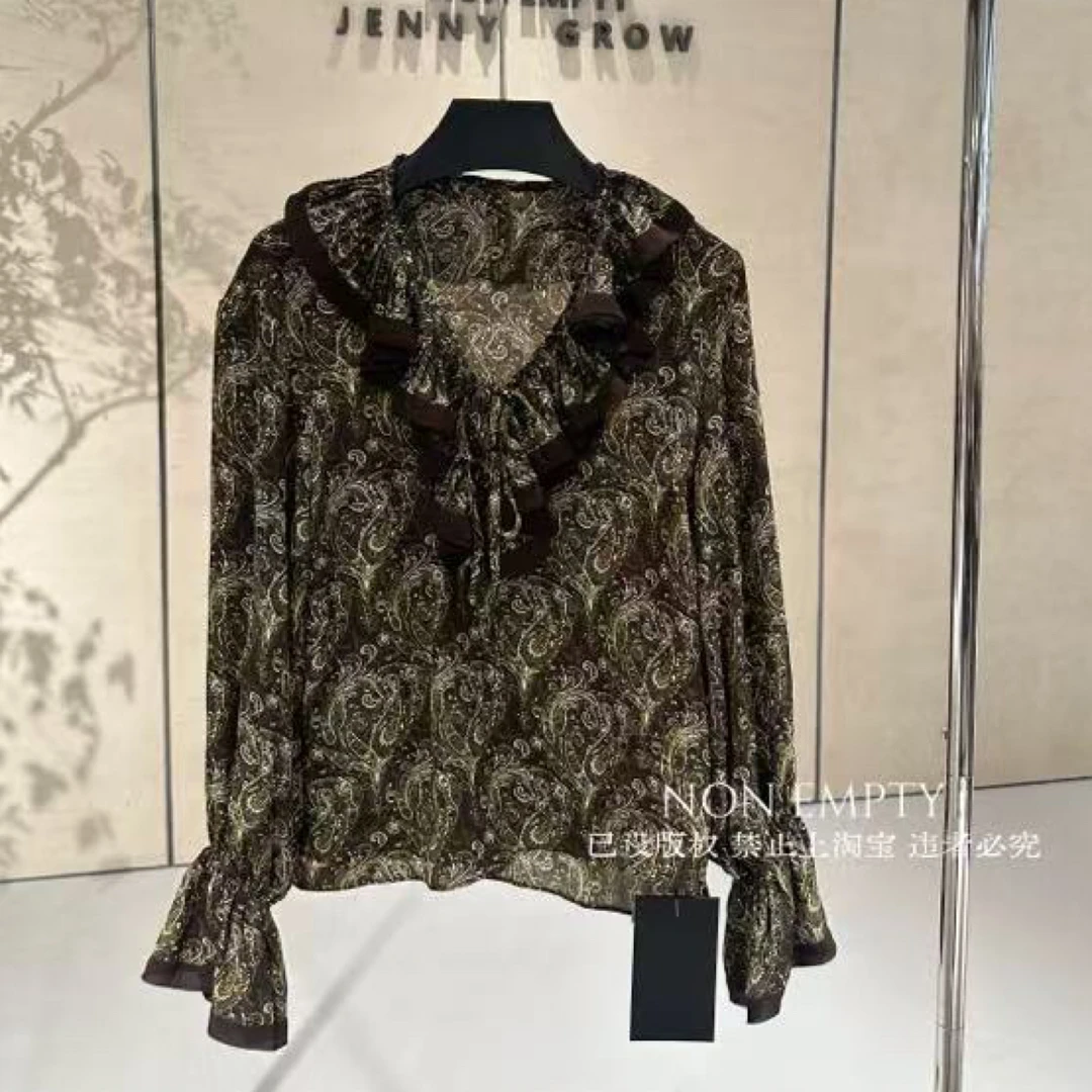 深圳南油高货复古花色荷叶边长袖宽松百搭秋季衬衫