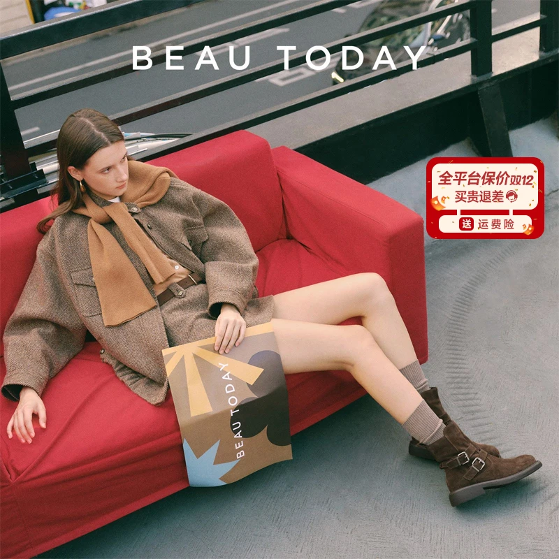 BeauToday【牛皮】双搭扣时尚短筒靴 复古反绒百搭休闲拉链女款靴子