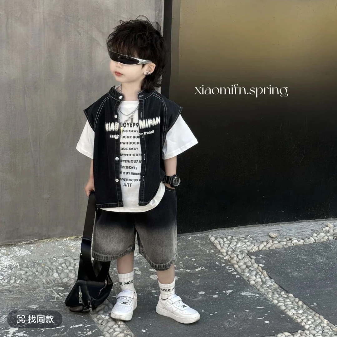 2025夏季新款男童牛仔衬衫外套短裤韩版男童儿童短裤帅气三件套潮