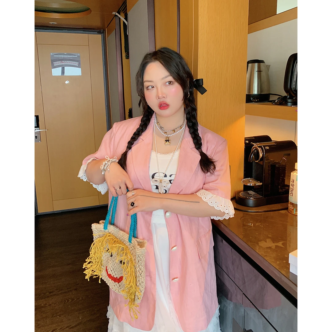 Dazi金大支蕾丝拼接棉麻西装0103/0249粉色短袖大码显瘦宽松