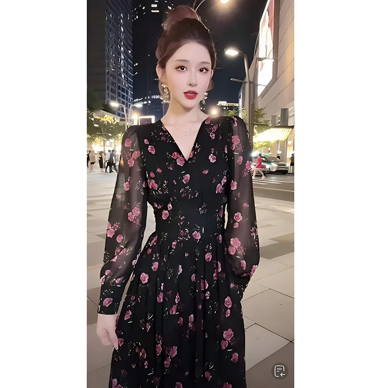 【有里布】法式收腰轻奢碎花时尚女装连衣裙气质长袖修身D0571