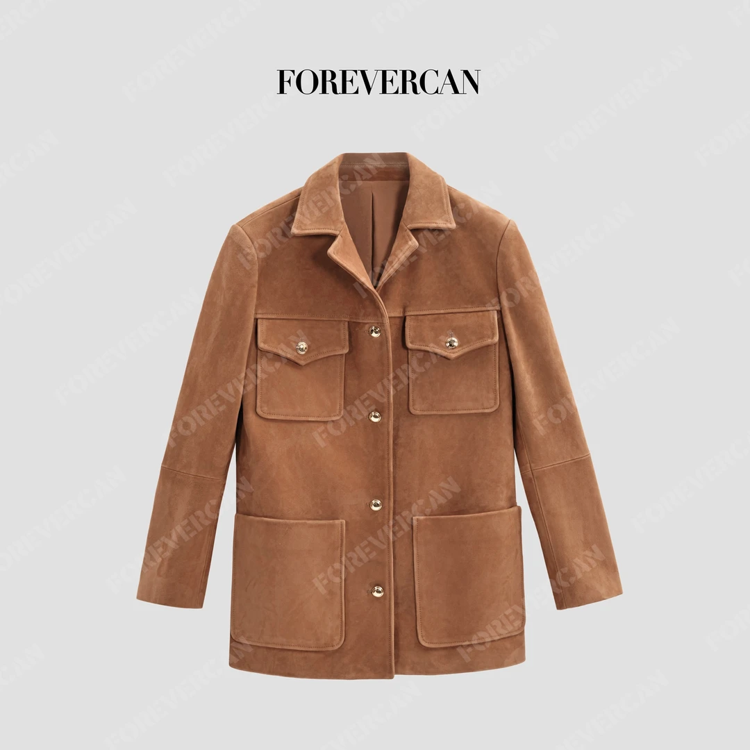 FOREVERCAN“巴黎游记”进口羊皮反绒古巴领廓形外套WC57258