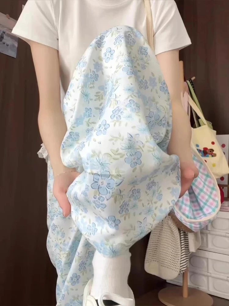 大码300斤冰丝蓝色碎花阔腿裤女夏季薄款2025高腰休闲显瘦山本裤