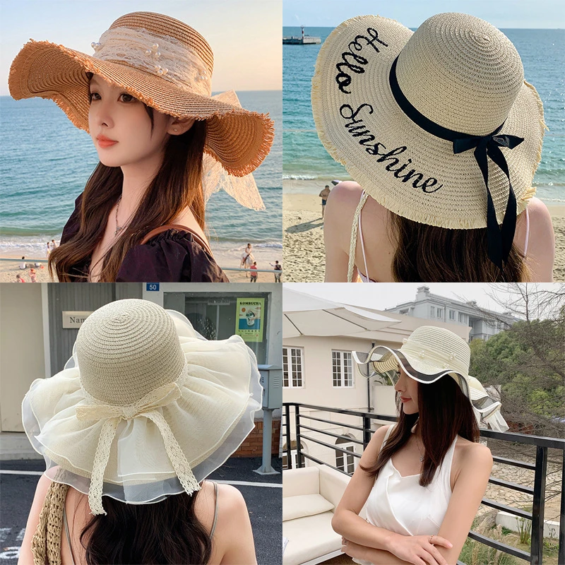 夏天蝴蝶结遮阳帽女海边沙滩度假防晒帽户外大檐太阳帽甜美草帽