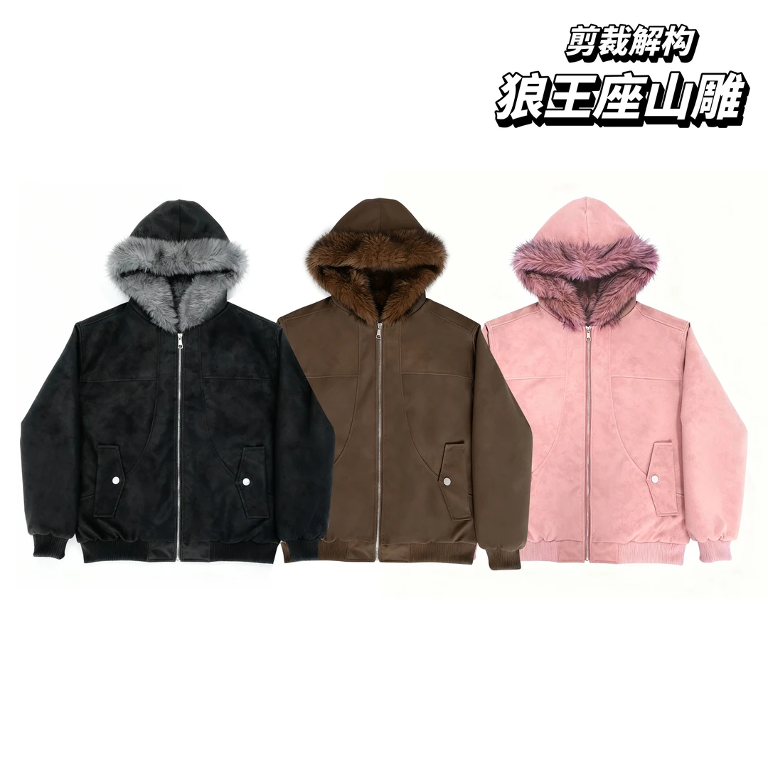 ROSE冬季百搭宽松荔枝纹PU皮座山狮加绒加厚夹棉短款夹克男女款