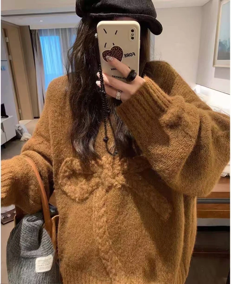 蝴蝶结毛衣女针织衫秋冬宽松慵懒圆领套头加厚上衣