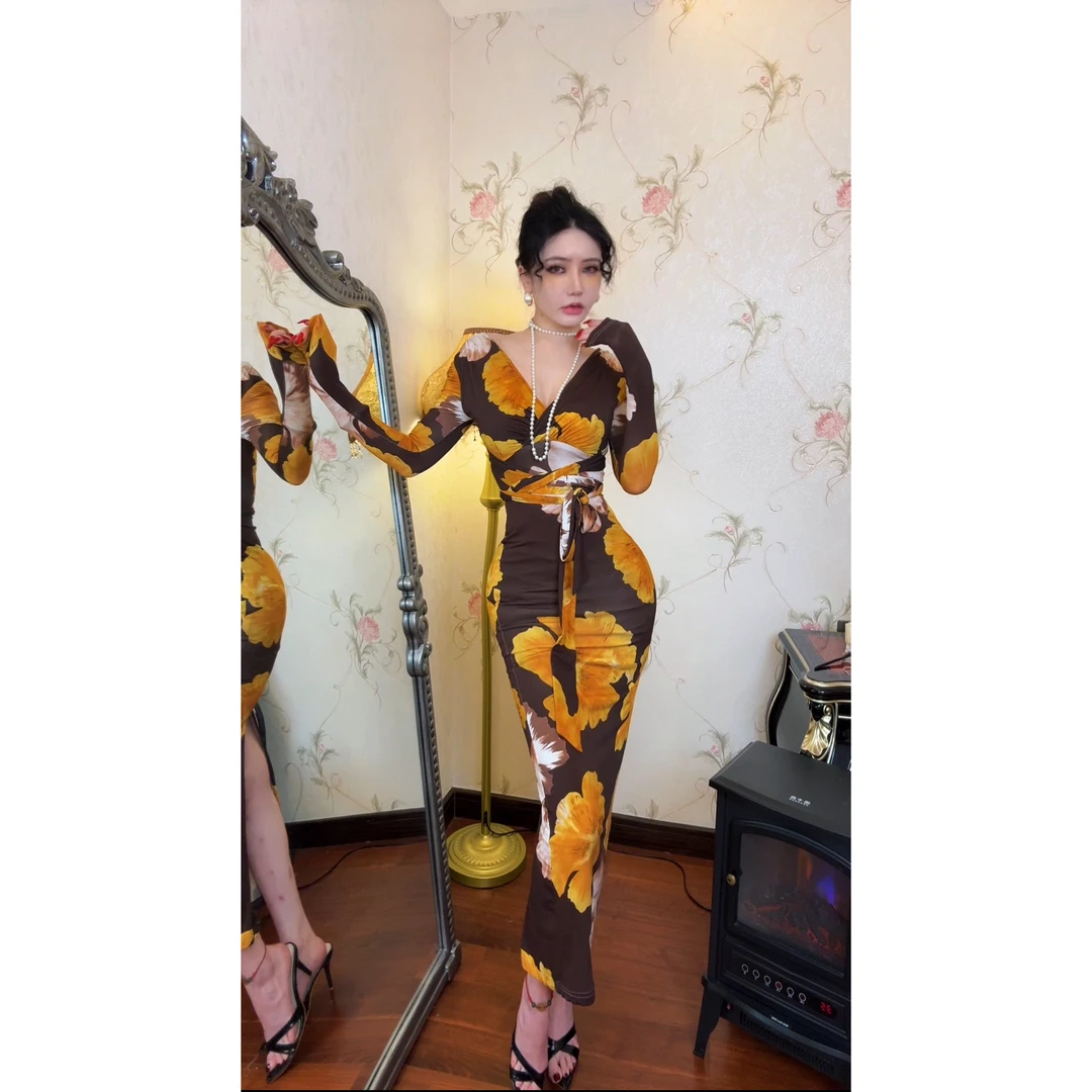 美人鱼【醉梧桐】V领印花长袖夏季连衣裙网红修身性感长款显瘦优雅