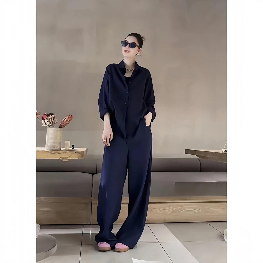 极简风时尚通勤套装女气质高级感藏蓝色宽松衬衫休闲阔腿裤两件套