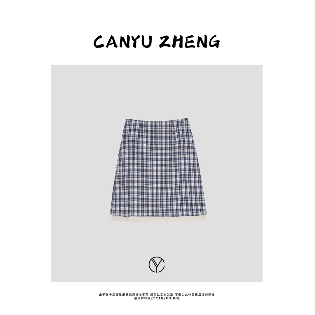 CANYU春夏 深圳南油新款 棉麻小众设计格纹百搭半身裙