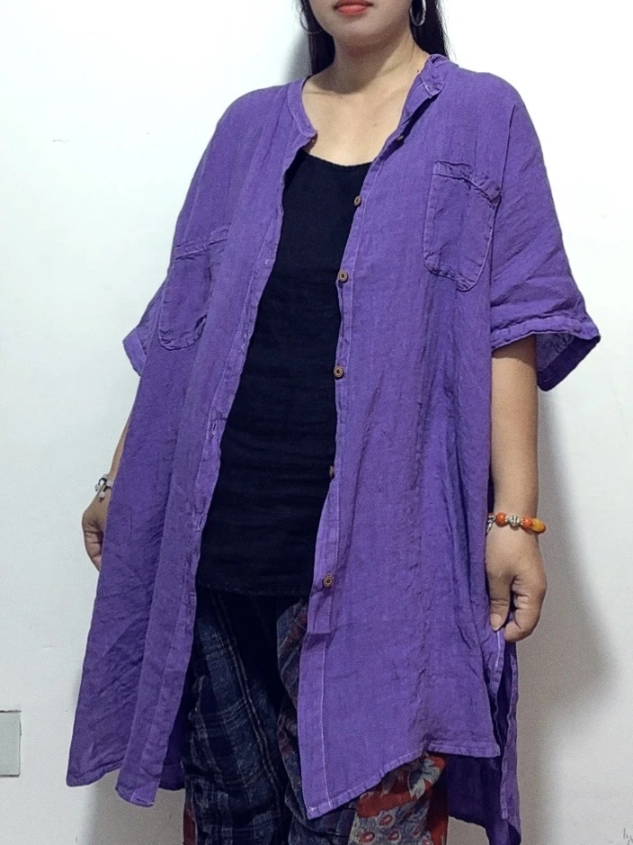 天然汉麻衬衫女中长款立领宽松版型双侧口袋透气开衫