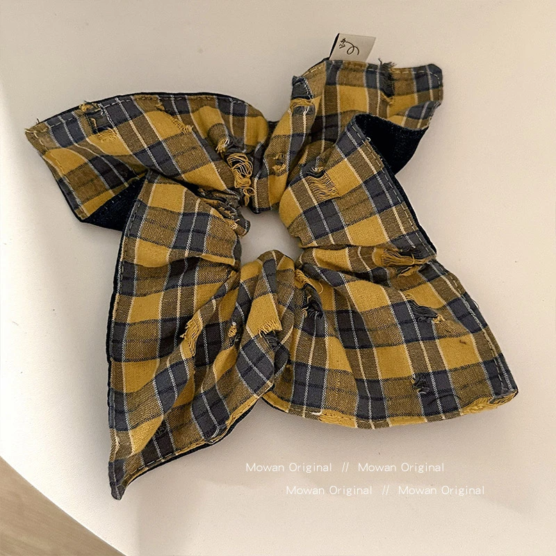 简约黄色格纹方巾发圈女高级感丸子头扎发头绳高马尾发绳头花发饰