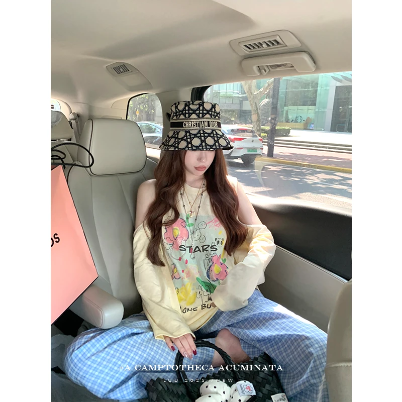 LUU桃喜儿/露肩长袖印花防晒T恤女夏宽松设计感小众针织显瘦上衣