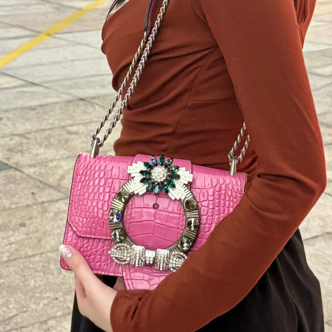 95新 MIU MIU/缪缪 LL 粉色宝石太阳花鳄鱼压纹单肩腋下链条包