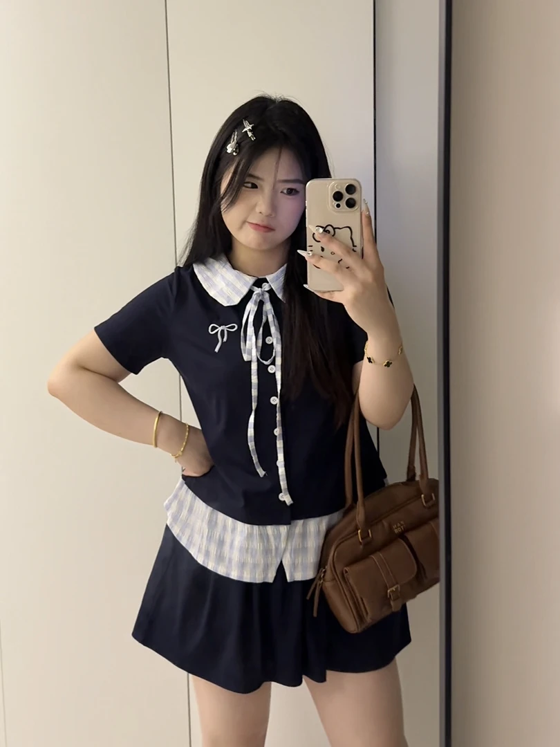 【转校生】大码学院风短款时尚娃娃领时尚套装夏季