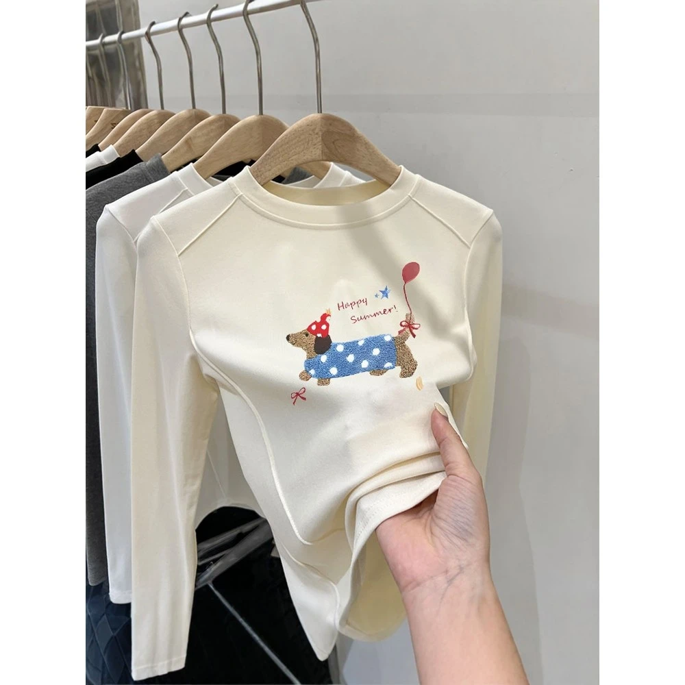 2025新款女童德绒上衣冬装腊肠狗儿童打底衫磨毛内搭女孩长袖秋冬