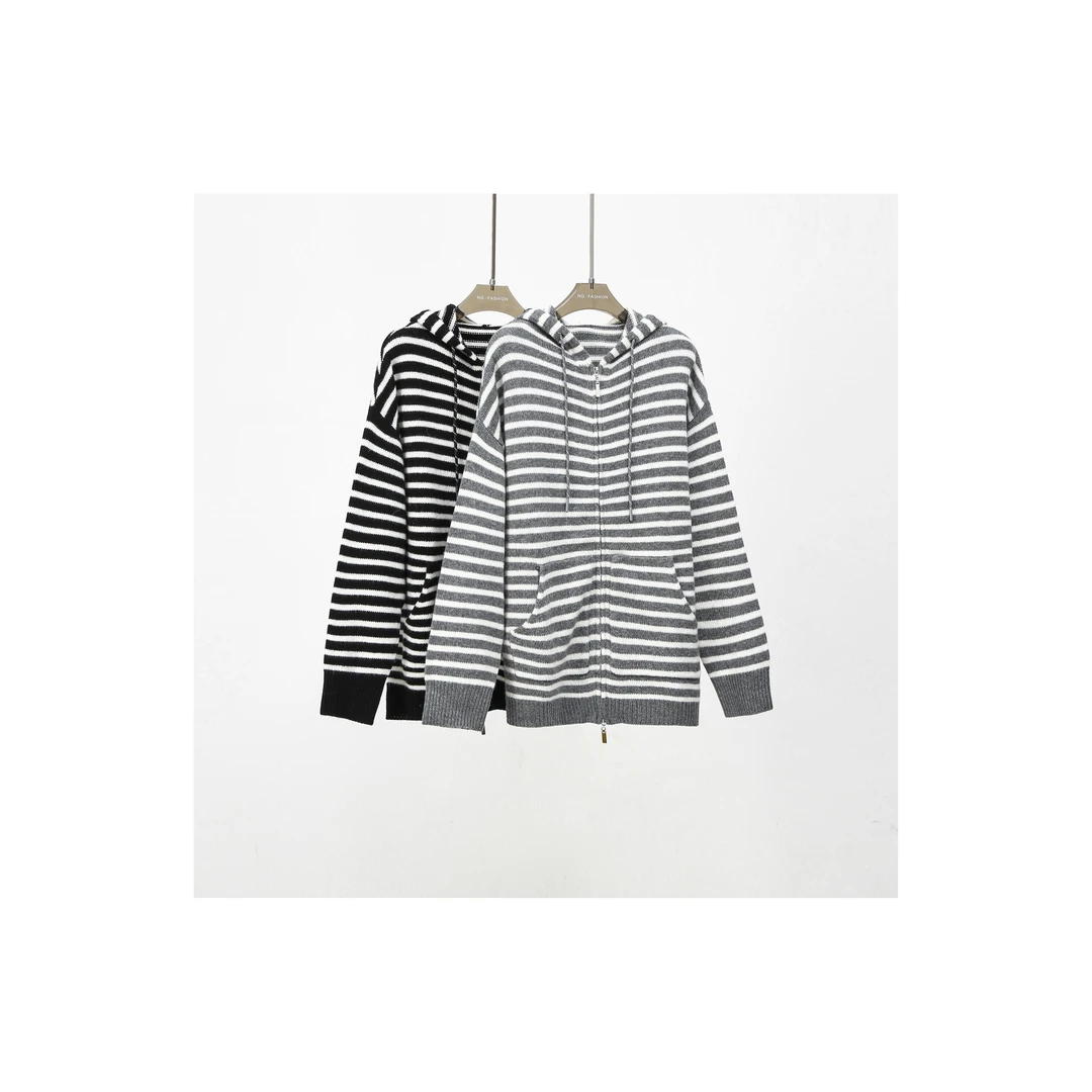 【DAXIU轻奢】早秋纯色连帽条纹羊毛针织衫-9180