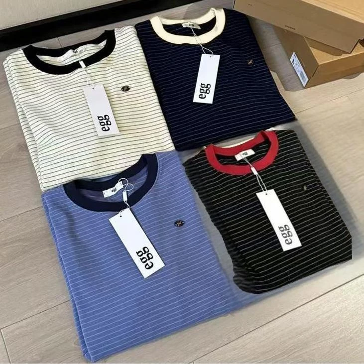 “条纹撞色”韩系宽松休闲衫圆领长袖百搭上衣保暖T恤套头