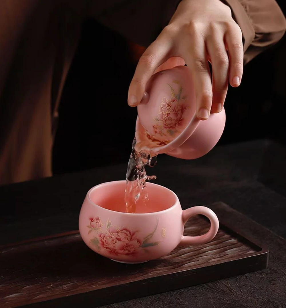 粉汝【牡丹】茶咖杯陶瓷带包包旅行茶具C0909