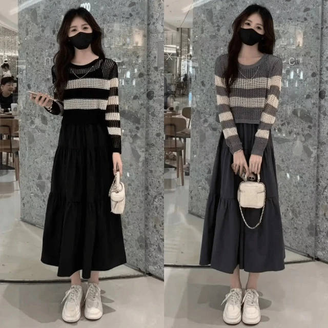 今年流行漂亮套装裙女春秋2025新款镂空条纹针织衫吊带长裙两件套