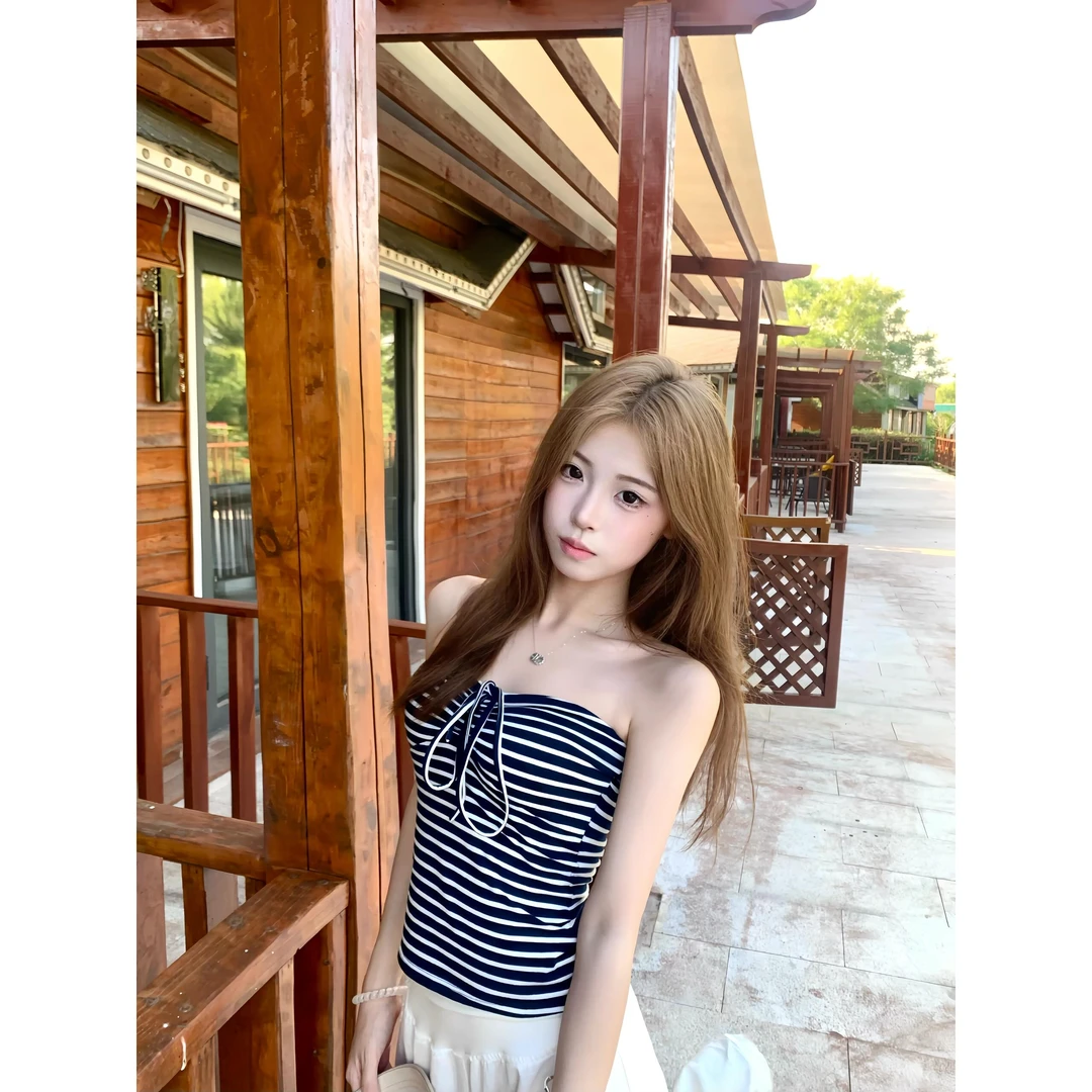 韩系撞色条纹无袖抹胸背心女夏季设计感小众辣妹修身性感露背上衣