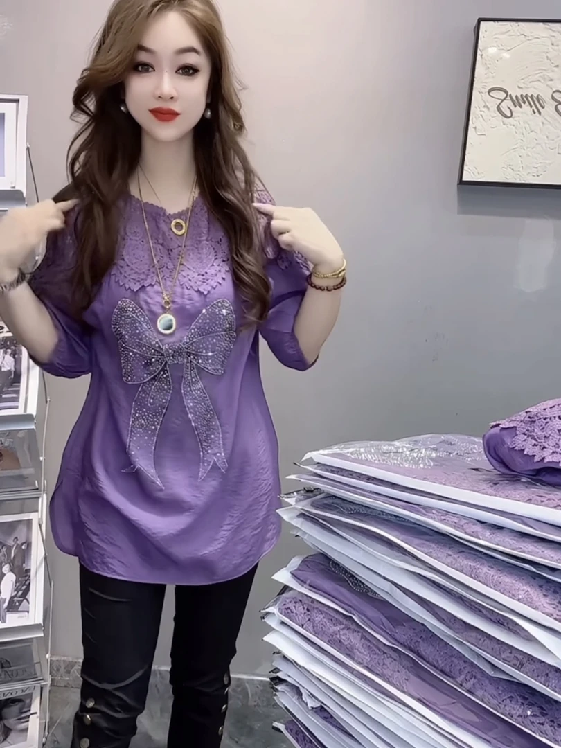 蕾丝中长款中袖拼接雪纺衫重工长袖百搭洋气时尚休闲