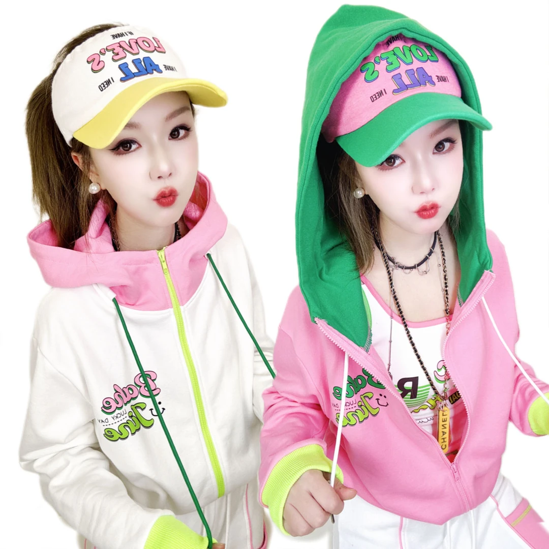 A268春装新款宽松时尚显瘦洋气减龄百搭撞色长袖连帽卫衣外套女潮