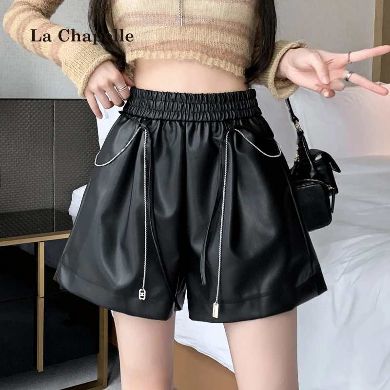 拉夏贝尔皮裤短裤秋冬季女装抽绳链条松紧腰阔腿裤宽松休pu皮裤子