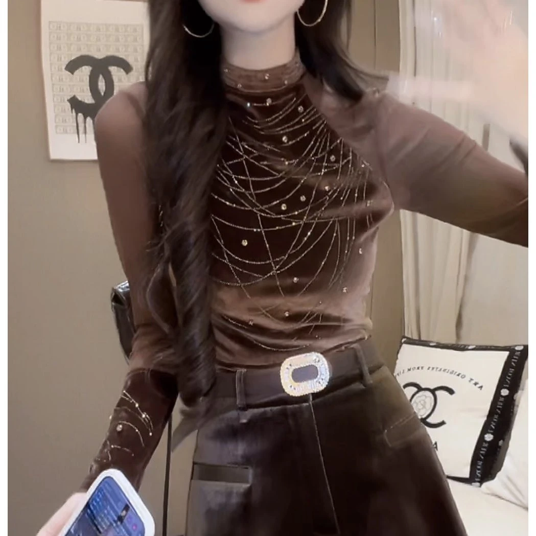 【高端欧货】秋季气质复古减龄拼接丝绒打底衫T恤洋气百搭时髦上衣