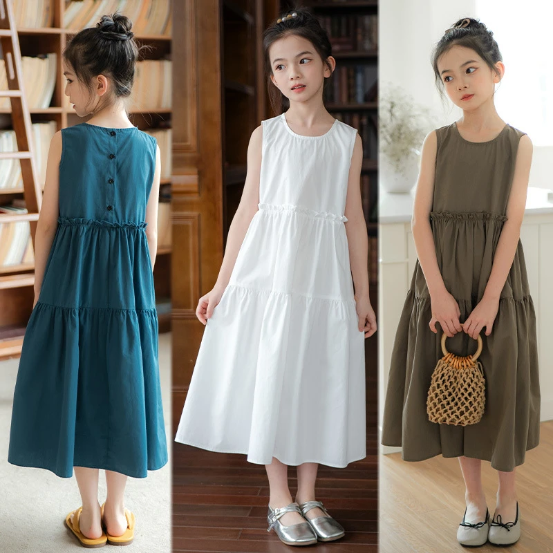 2025夏季女童度假沙滩背心长裙新款女大童纯棉无袖宽松蛋糕连衣裙