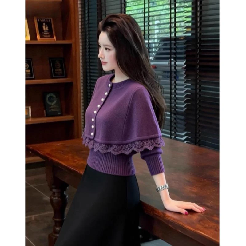 复古穿搭紫色斗篷毛衣女温柔风洋气长袖针织上衣秋巨好看独特漂亮