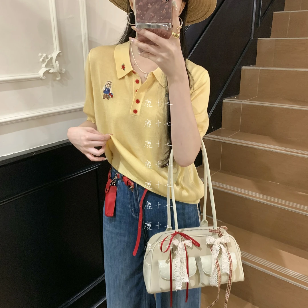 【鹿十七·玫瑰小熊】夏季休闲百搭针织短袖