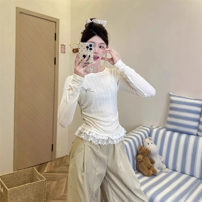 软糯独特小众蕾丝拼接超好看长袖打底衫女春秋蝴蝶结装饰内搭上衣