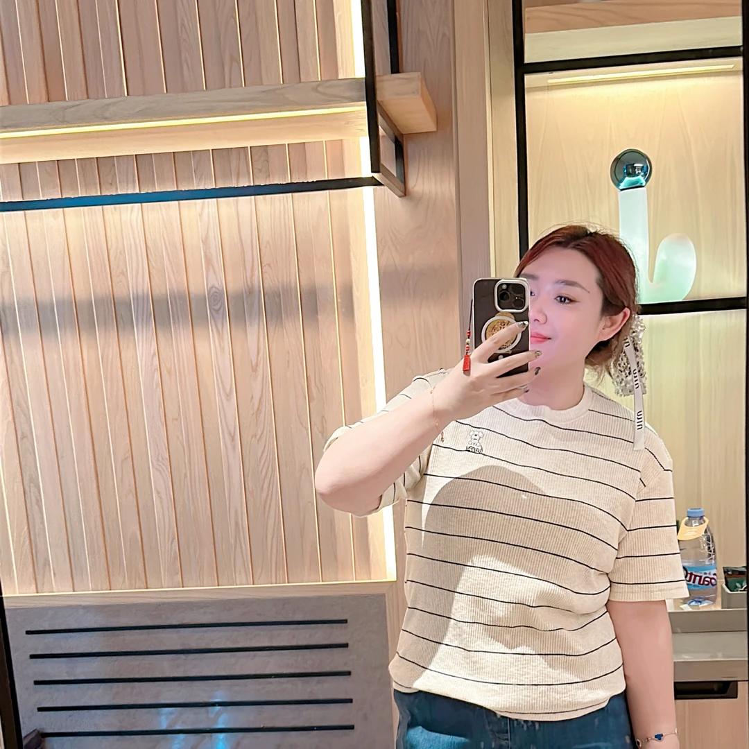 【程雅大码】春季新款时尚百搭圆领半袖条纹侧刺绣短袖小狗T恤