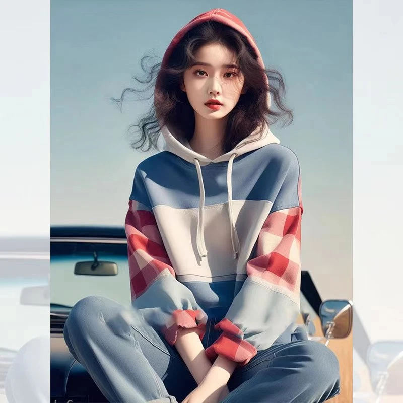 秋季卫衣女款2024新款小个子超好看时尚通勤撞色格纹拼接连帽上衣